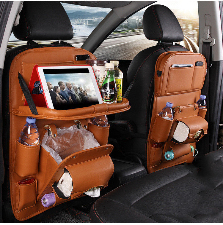 PU Leather Car Organizer | Foldable Tray + Waterproof Backseat Storage | Premium Interior Car Accessory